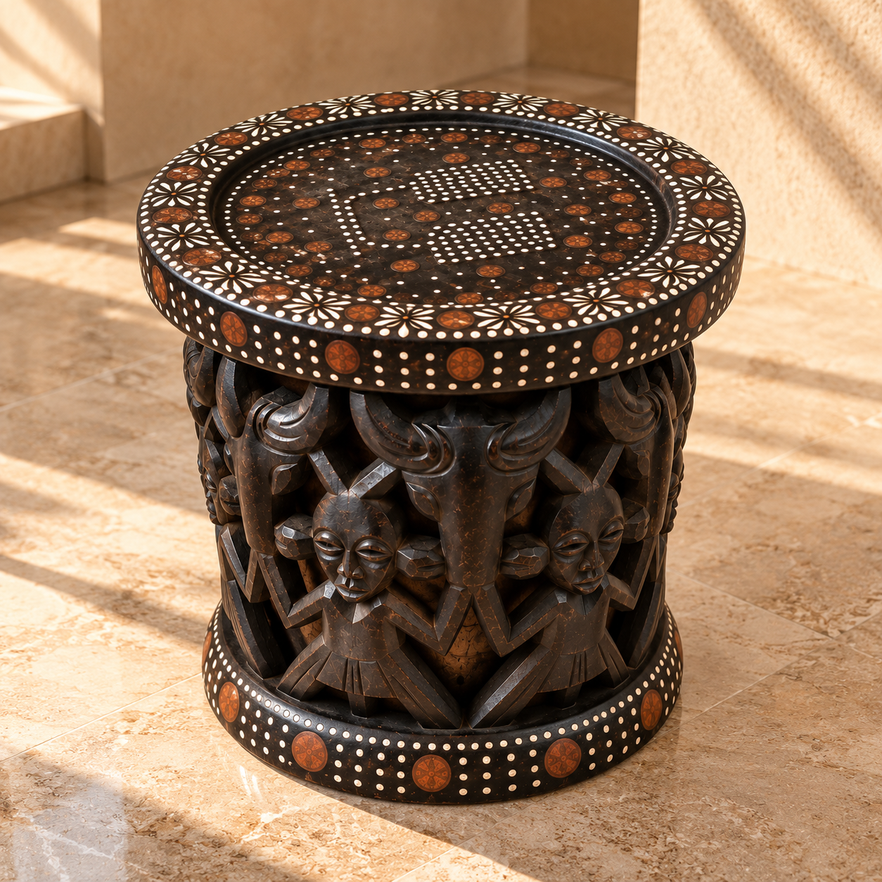 Dark carved African wooden stool with circular decorated tabletop, white floral border, geometric dotted patterns and figurative openwork base on white background.