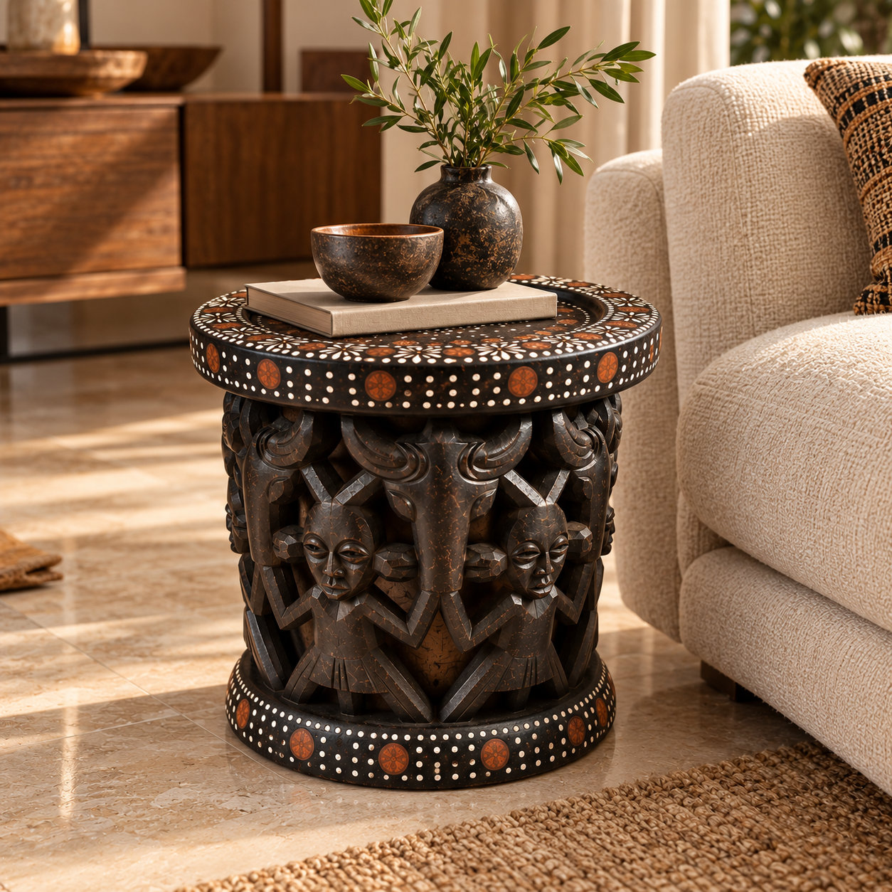 Carved African wooden accent stool displayed alone in a minimalist beige interior with natural stone flooring and soft daylight.