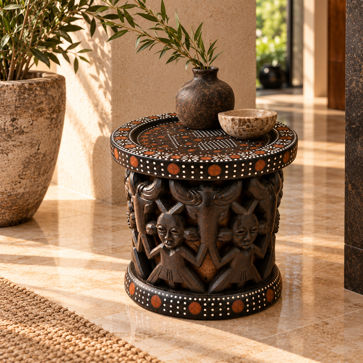 Decorative African wooden stool with figurative carvings and patterned tabletop in a luxury living room with walnut shelving.