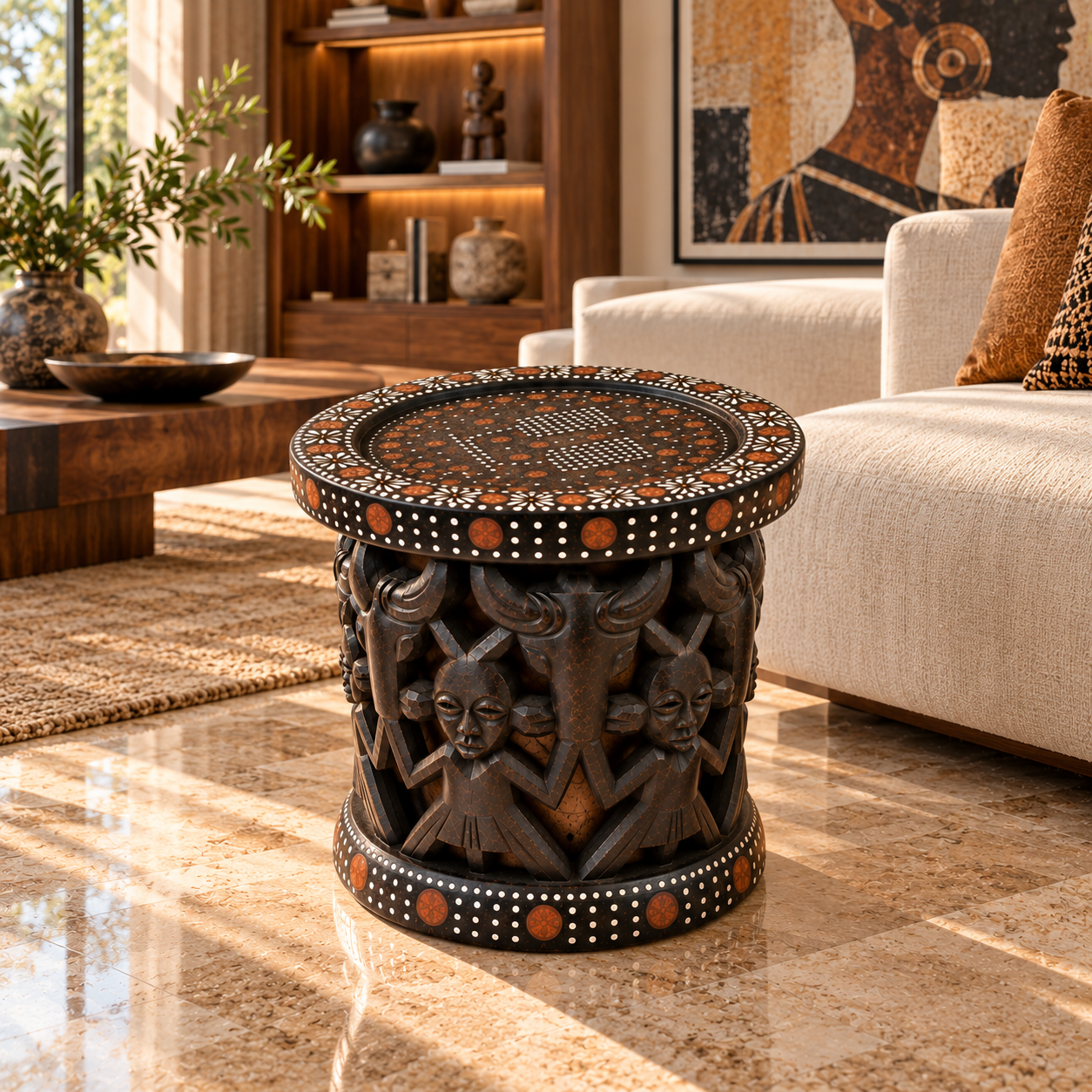 Carved African wooden accent table between two ivory lounge chairs with a ceramic espresso cup in a contemporary living room.