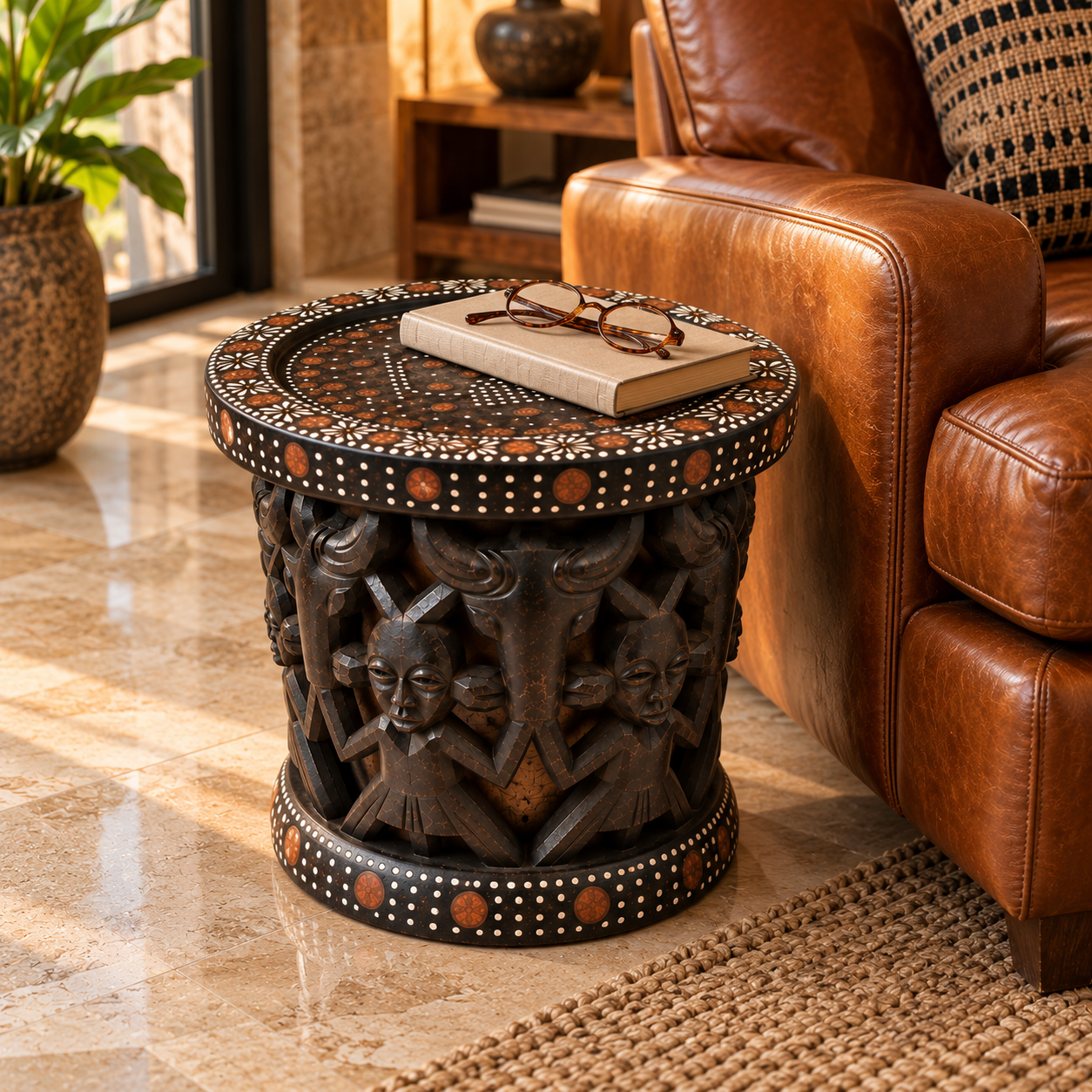 Dark carved African wooden side table beside an ivory sofa in a luxury living room, styled with a book and ceramic vessels.
