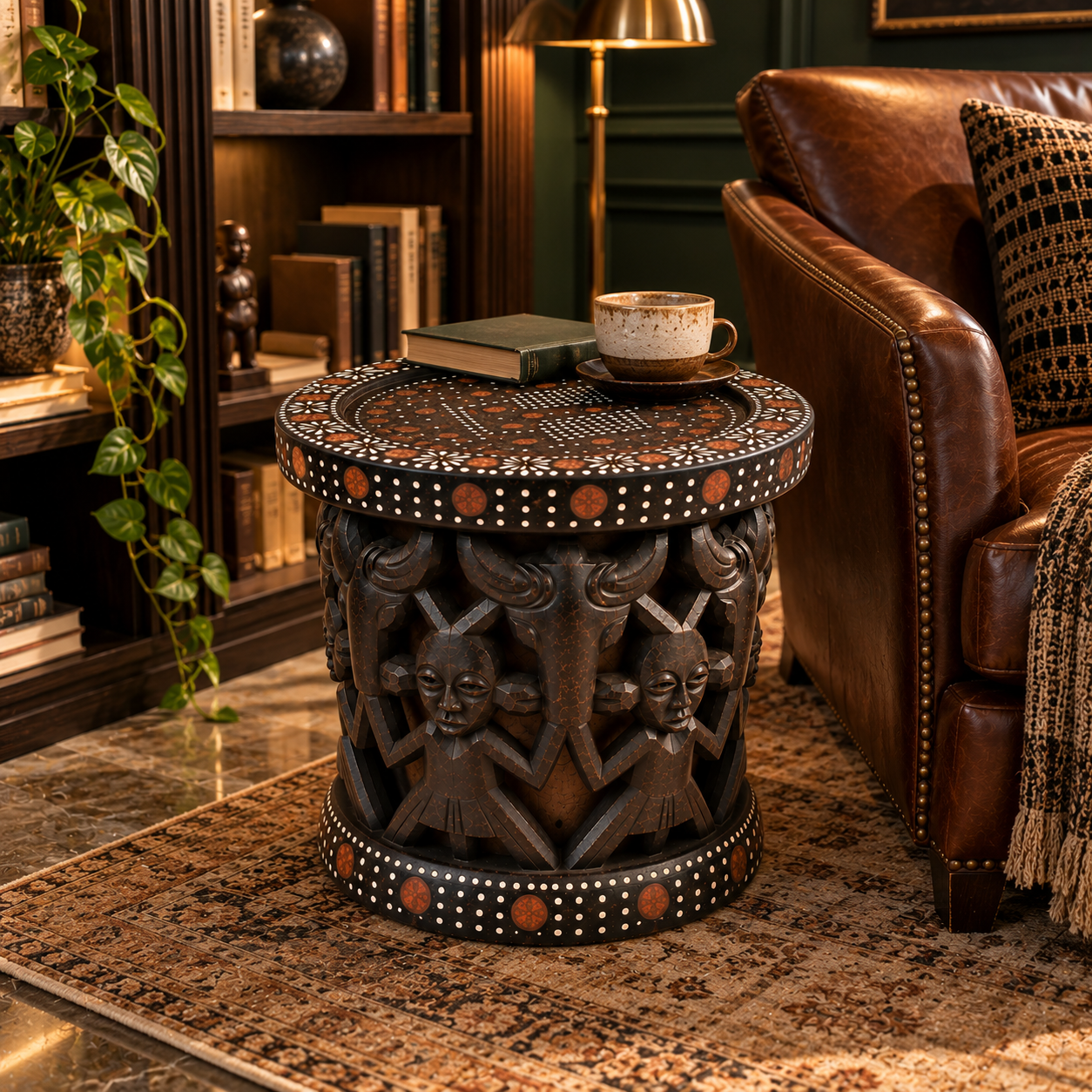 Hand-Carved African Wooden Stool – Sculptural Accent Table with Figurative Carvings - Image 6