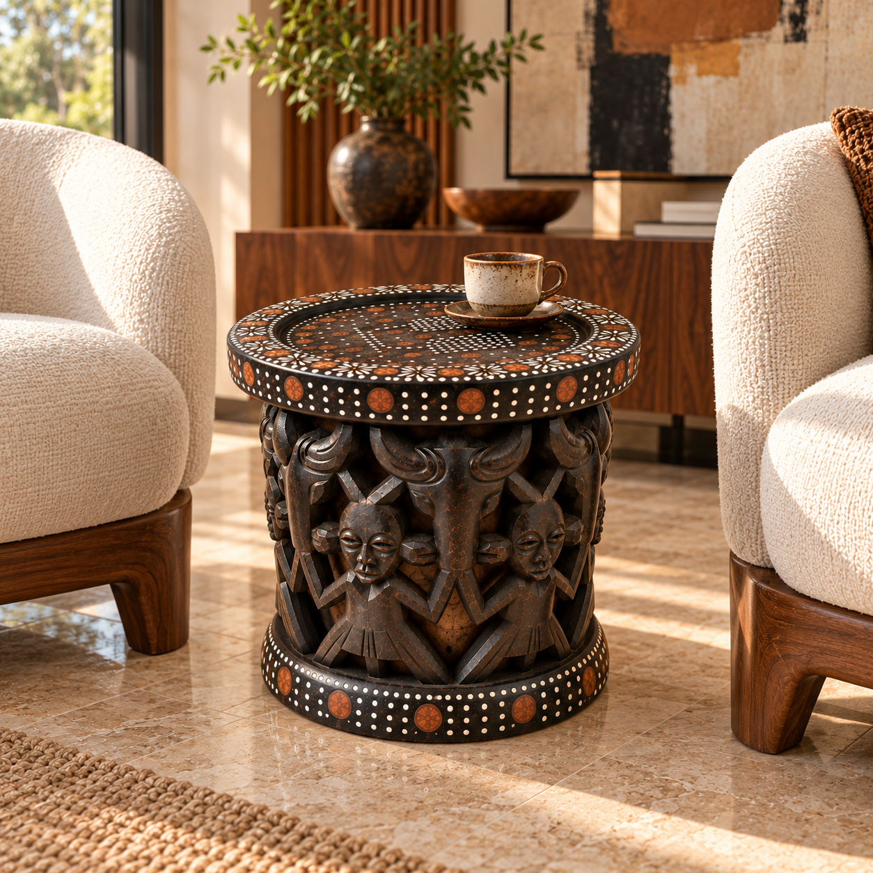 Sculptural African wooden stool beside a cognac leather armchair with a book and reading glasses on its decorated circular top.